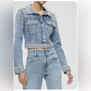 ALICE $OLIVIA ORA EMBELLISHING WIDE LEG JEAN SUIT SIZE SMALL JACKET AND PANTS 27